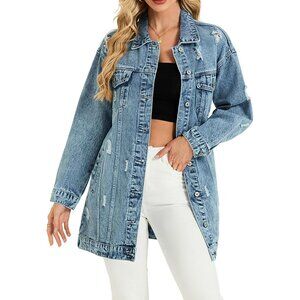 Long Denim Jacket Women Oversized Ripped Casual Fall Streetwear